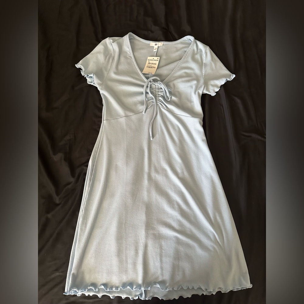 BP Light Blue Ribbed Mini Dress with Knot Detail - Size Medium